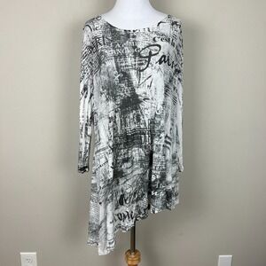 Jess & Jane Tunic Top Womens M Paris Eiffel Tower Asymmetric Hem Mesh 3/4 Sleeve